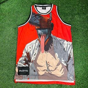 Crunchyroll Chainsaw Man red white anime AOP baggy basketball jersey size small